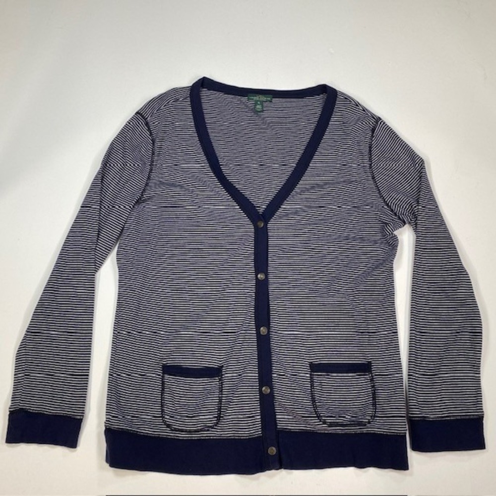 LRL Ralph Lauren Jeans Co Striped Cardigan Navy White Button Front Pockets XL